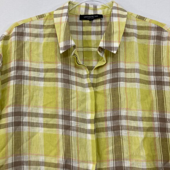 Lafayette 148 Large Parrot Green 100% Linen Plaid Relax Sabira Button Up Preppy - Picture 4 of 11